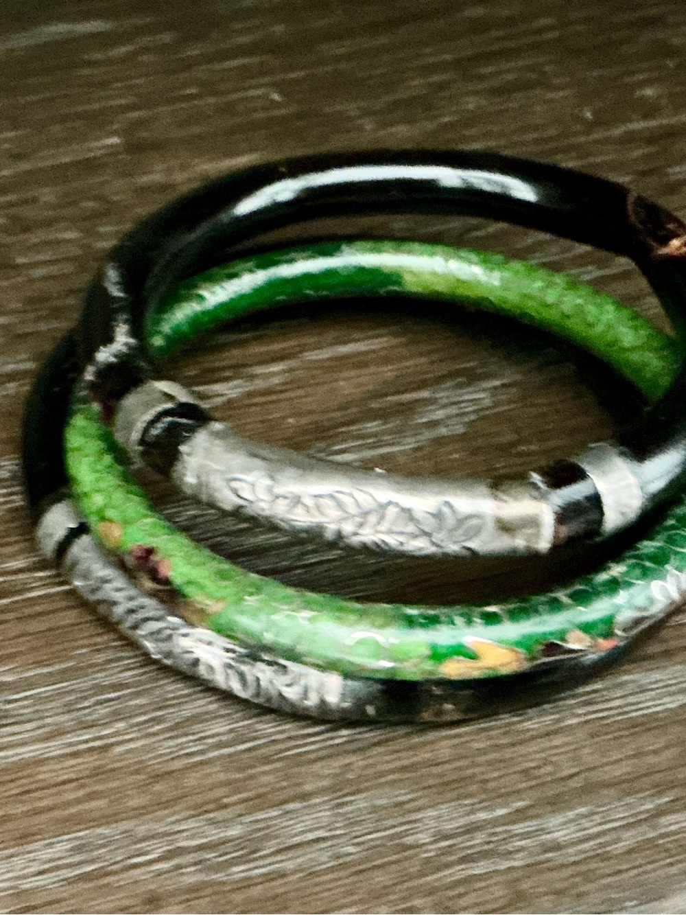 Artisan Green and Black Cloisonné-Style Bracelet Set